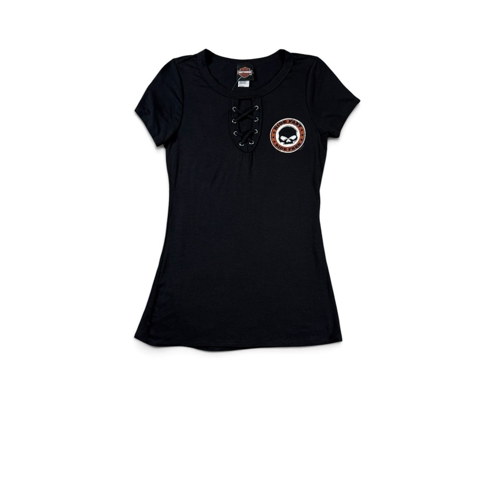 Harley-Davidson Women's Rhinestone Wille G Skull Laced Short Sleeve Tee
